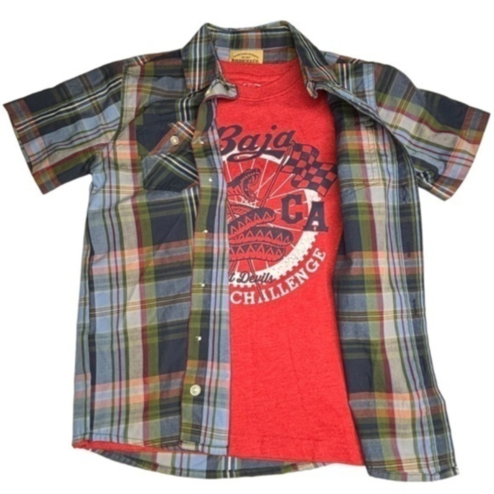 Roebuck & Co‎ Boys Tops Sz Small Plaid Short Sleeve Button Down and T Shirt Set
